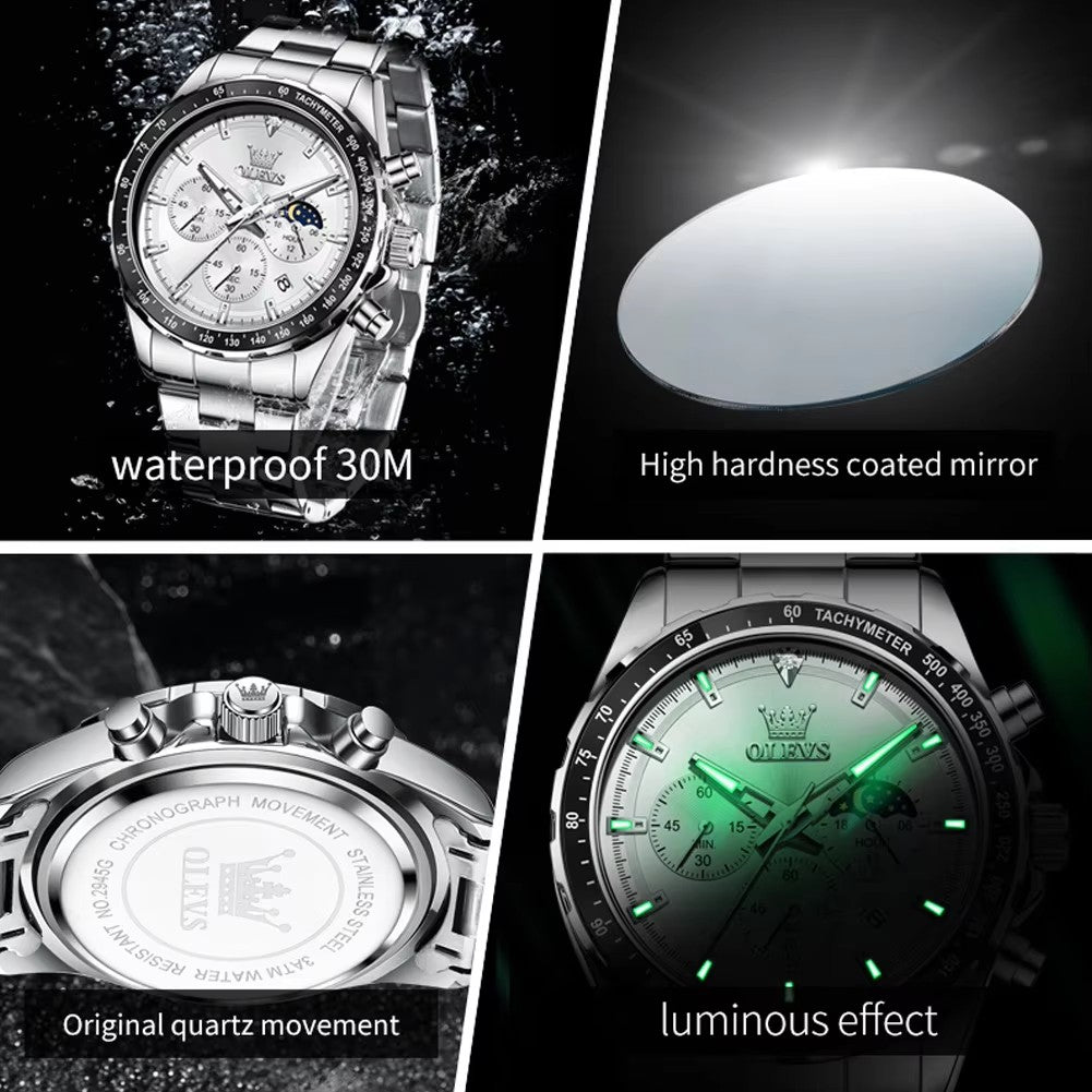 OLEVS Men's Luxury Chronograph Quartz Watch – Stainless Steel Band, Moon Phase Display