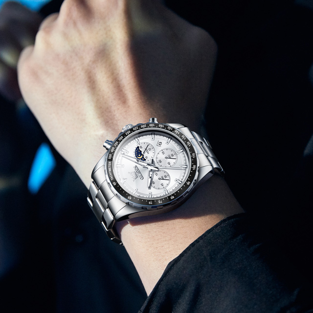 OLEVS Men's Luxury Chronograph Quartz Watch – Stainless Steel Band, Moon Phase Display