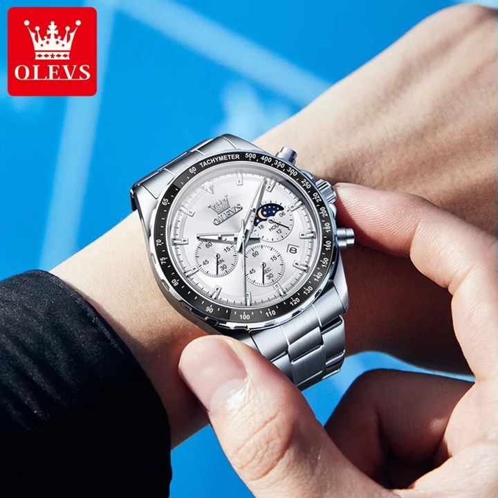 OLEVS Men's Luxury Chronograph Quartz Watch – Stainless Steel Band, Moon Phase Display