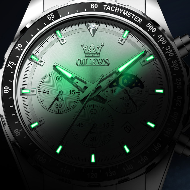 OLEVS Men's Luxury Chronograph Quartz Watch – Stainless Steel Band, Moon Phase Display