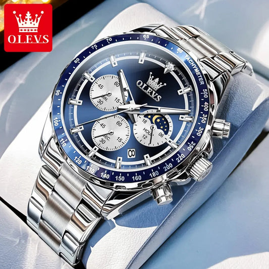 OLEVS Men's Luxury Chronograph Quartz Watch – Stainless Steel Band, Moon Phase Display