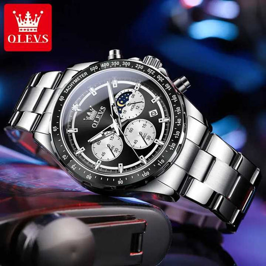OLEVS Men's Luxury Chronograph Quartz Watch – Stainless Steel Band, Moon Phase Display
